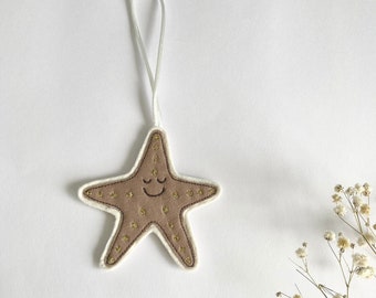 Starfish Christmas decoration, ornament, Christmas tree, hanging decoration, pink, gold, fabric, embroidery art, cornwall