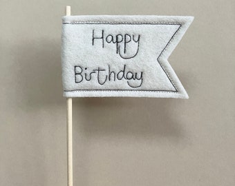 Happy birthday cake topper, cake flag , pennant, reusable, environmentally friendly, free motion embroidered, cake decoration, birthday cake