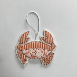 Crab christmas decoration, ornament, Christmas tree, hanging decoration, orange and white stripe fabric, embroidery art,embroidery, cornwall