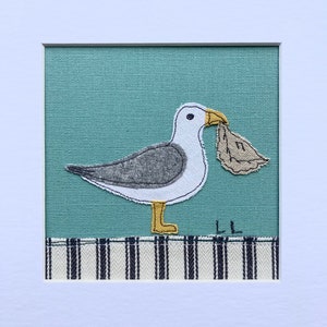 Seagull wall art - Cornwall - seagull and pasty - textile art - fabric art - embroidery picture - gift, wall hanging, home decor