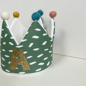 Personalised fabric crown, celebration crown, small child crown, birthday hat, party crown, pom poms, first birthday, first christmas