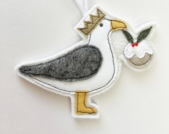 Embroidered Seagull Christmas Ornament, Cornish Fabric Decoration