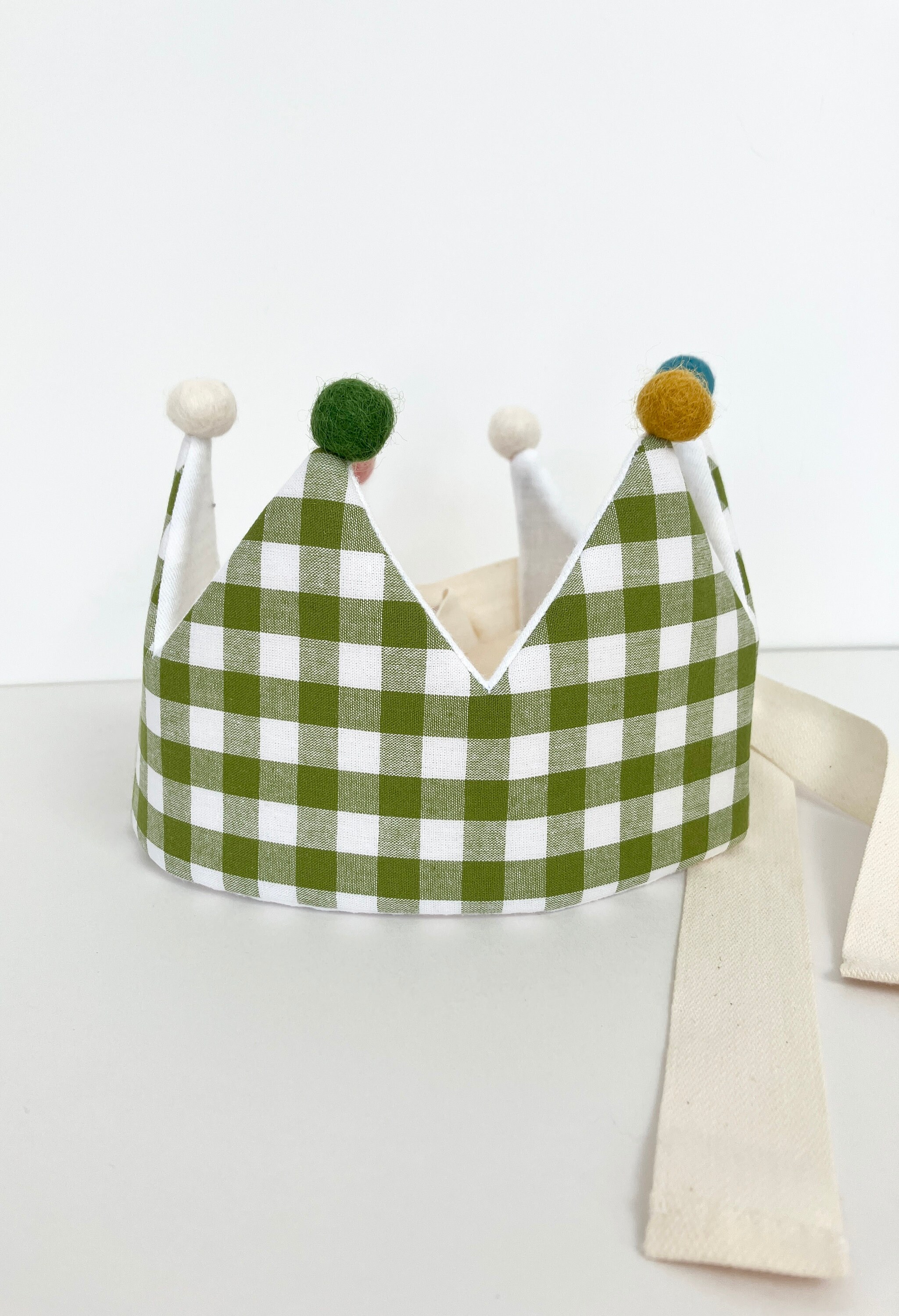 Personalised fabric crown, celebration crown,small child crown,gingham,  birthday hat, party crown,pom poms, first birthday, first christmas