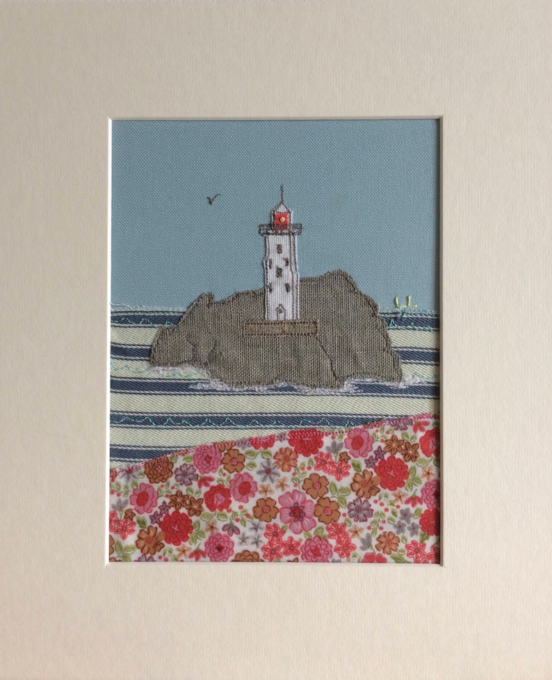 Cornwall St Ives wall art lighthouse Godrevy Lighthouse textile art handmade applique embroidery Cornwall Flowers St Ives image 2