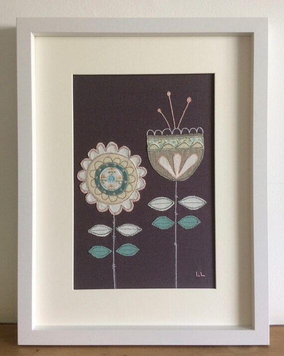 Scandinavian Flowers Wall Art Textile Applique Machine Embroidery Fabric Scandi Design Handmade Picture Home Decor