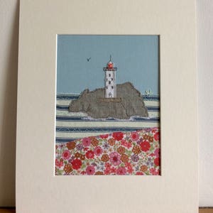 Cornwall St Ives wall art lighthouse Godrevy Lighthouse textile art handmade applique embroidery Cornwall Flowers St Ives image 1