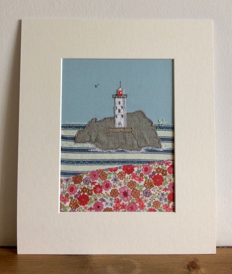 Cornwall St Ives wall art lighthouse Godrevy Lighthouse textile art handmade applique embroidery Cornwall Flowers St Ives image 1