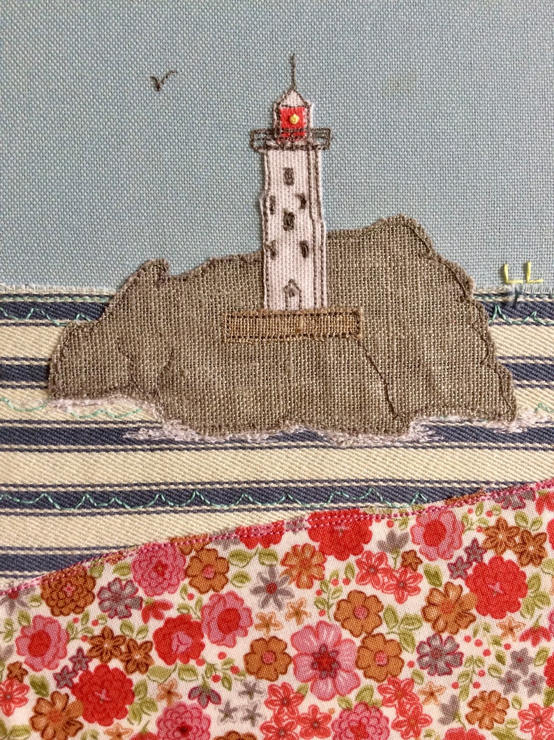 Cornwall St Ives wall art lighthouse Godrevy Lighthouse textile art handmade applique embroidery Cornwall Flowers St Ives image 3