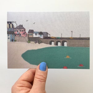 Wenskaart - afdruk van originele kunstwerken, St Ives, Cornwall-kunst, textielkunst, kustkunst, digitaal printen, gerecyclede kaart, 350 gsm, A6,