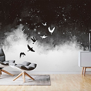 The Nordic Style Wallpaper, Minimalist Style, Vogel Schwarz Weiß dunkel spezielles Aquarell Wandbild, Wasserfest, Prägung Papier