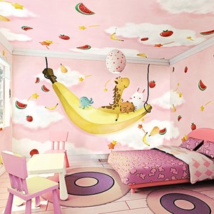 Kids Pink Animal Wallpaper, Cartoon Animals Banana Princess Wall mural, Girl Bedroom Background, Embossing Paper