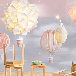 Cartoon Style 3D Romantic Wallpaper, Kids Room Girl Boy Blue Wall mural, Fire Balloon Star Clouds Pink Grey Instagram Nursery Background