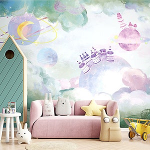 The Nordic Dreamy Wall Murals, Starry Sky Colourful Clouds Castle Wallpaper, Pink Green Purple Kids Girl Cartoon Bedroom Nursery Wall Decor