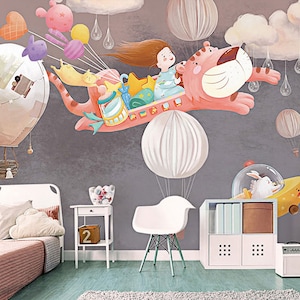 O papel de parede estilo nórdico, balão de desenho animado adorável mural de parede à mão livre, fundo de quarto infantil, à prova d'água, papel de gravação removível