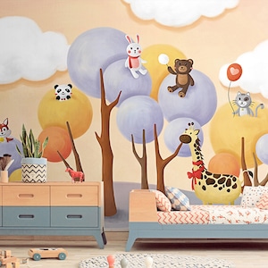 Cartoon Style Wallpaper, Animals Rabbit Panda Bear Giraffe Wall mural, Kids Girl Boy Room Background, Waterproof, Embossing Paper, Removable