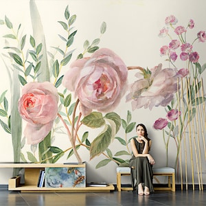Rose Floral Dream home Papier peint, Style américain Personnalisé Freehand Salon Fond de chambre, Rose Jaune Aquarelle Fleurs