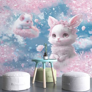 Cartoon Style Pink and Blue Cute Rabbit Mouse Flower Sea Petal Romanic Beautiful Wallpaper Wall Murals for Girl Kids Nursery Room