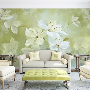 Blumen Tapete, nordische Wand wandbilder, minimalistisch, modern, grün weiß Aquarell Blumen Kinderzimmer, abnehmbar, Romantisch Wasserfest