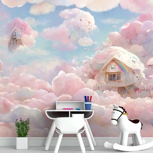 Cartoon Style Pink and Blue Cute Rabbit Mouse Treehouse Clouds Beautiful Sky Painting Wallpaper Wall Murals for Girl Kids Nursery Room