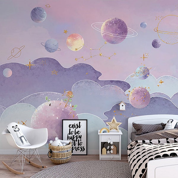 Papiers peints nordiques de rêve avec étoiles, ciel étoilé, chambre d'enfants dessin animé rose violet, décoration d'intérieur amovible imperméable pour chambre de bébé