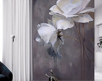 Black White Peony Flower Wallpaper, American Style Painting Waterproof Floral Wall mural, Fashion, Vestibule, Entry Way