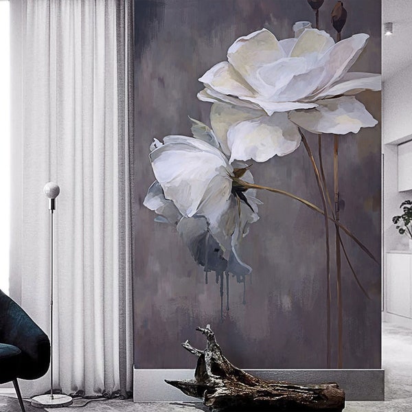 Black White Peony Flower Wallpaper, American Style Painting Waterproof Floral Wall mural, Fashion, Vestibule, Entry Way