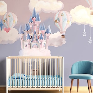 The Nordic Style Wallpaper, Pink Purple Cartoon Castle Freehand Wall mural, Kids Girl Room Background, Waterproof, Embossing Paper Removable