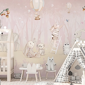 Pink Cartoon Animals Rabbit Wall mural for Kids Girl Room, Removable Waterproof Wallpaper, Lovely Nursery Decor
