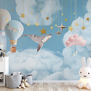 Cartoon Style Wallpaper, Kids Room Girl Boy Blue Wall mural, Fire Balloon Star Instagram Background, Waterproof, Embossing Paper, Removable