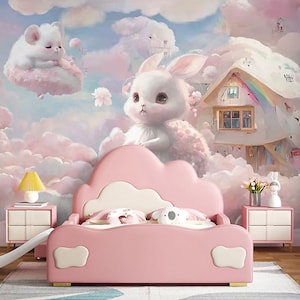 Cartoon Style Pink and Blue Cute Rabbit Mouse Treehouse Clouds Beautiful Sky Painting Wallpaper Wall Murals for Girl Kids Nursery Room