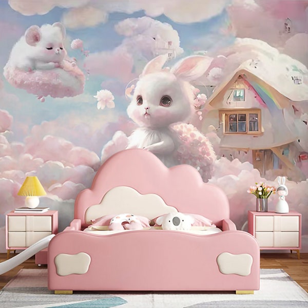 Cartoon stijl roze en blauw schattig konijn muis boomhut wolken mooie lucht schilderij behang muurschilderingen voor meisjes kinderkamer