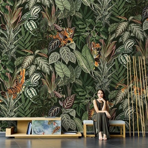 Forest Leaves Tiger Animal Wallpaper, French Style Living room Bedroom Restaurant background, Dark Green Customized American Wall Decor