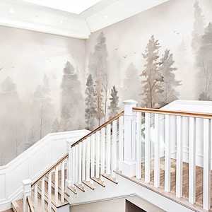 Mistig bos bos behang, Inkwash tekening Noordse Europese stijl waterdichte muur muurschildering, grijs beige bruin wit