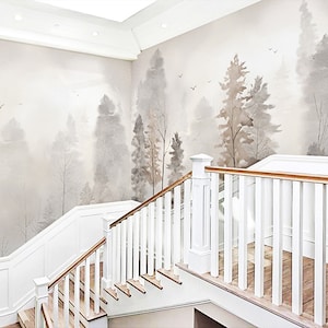 Foggy Forest Woods Wallpaper, Inkwash Drawing Nordic European Style Waterproof Wall Mural, Grey Beige Brown White