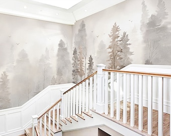 Foggy Forest Woods Wallpaper, Inkwash Drawing Nordic European Style Waterproof Wall Mural, Grey Beige Brown White