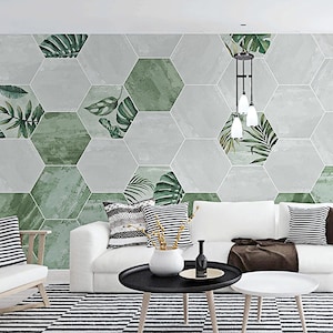 El papel tapiz nórdico de estilo Instagram, minimalista, acuarela hexagonal de planta verde, geometría S. E. Asia Mural de pared, impermeable, extraíble