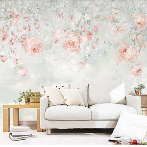 Peony Flowers Wallpaper, Peonies, European Dreamy Style, Pink White Watercolor Flowers Nursery, Wall mural, Waterproof
