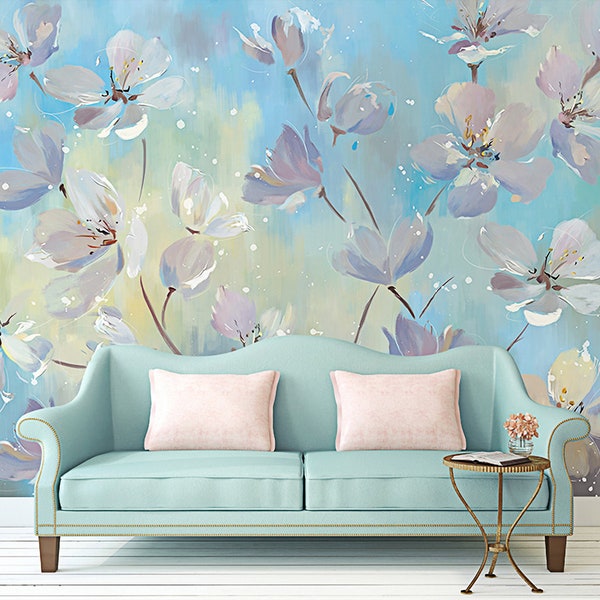 Oil Painting Floral Wallpaper, Neo Chinese Quietly Elegant Dew Style Wall Murals, Dreamy Green Blue Purple Painting wall decor, Removable