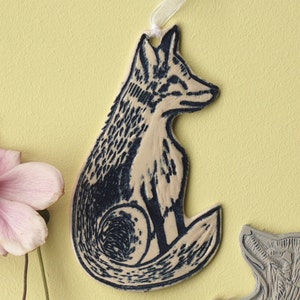 Fox Ceramic Hanging Decoration, ceramic ornament, woodland animal gift, lino cut handmade nature lover, small gift