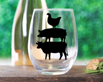 Farm Animals / Silhouette / Cow / Pig / Chicken / Stemless Wine Glass