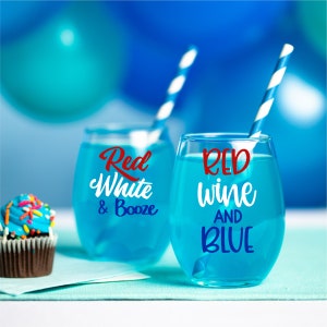 4th Of July Wine Glasses / Red Wine and Blue / Red Wine Booze / Independence Day / Stemless Wine Glass