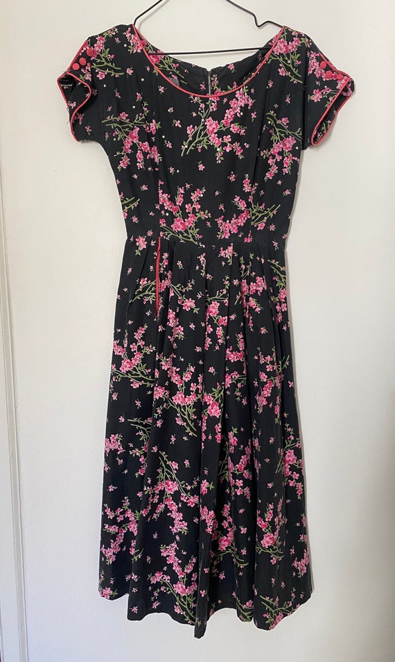 Vintage 1950s Novelty Black Floral Cotton Sundress