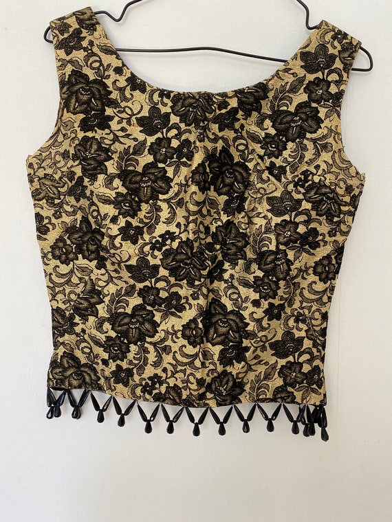 Vintage 1950s Gold Lame Top Black Velvet Roses