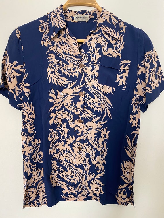 RARE Vintage 1940s DRAGON Border Print Rayon Hawai