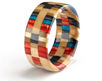 Wooden Ring - Recycled Skateboard - Wedding Bands - Unique Ring - Blue - Black - Red - Mens ring - 5th Anniversary - Men Boyfriend Gift