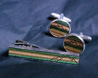 Mountains Tie Clip Set from Skateboards - Wedding cufflinks - Anniversary gift -  Groomsmen personal gift set - Mountain Lover Gift