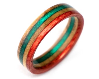 Orange Green ring made from recycled skateboards - Wooden Ring - Wedding Band - Unique Wedding Ring - Anniversary gift for her - Wood ring