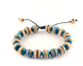 Boho Wood Bracelet made from Skateboards - Gift for Women - Bracelet for women - Beaded Wood Bracelets - Minimalist Couple Bracelets - Blue
