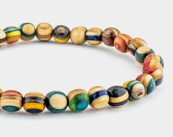 Recycled Skateboard Wood Bead Bracelet: Boho Friendship Gift, 6mm multicolor beads