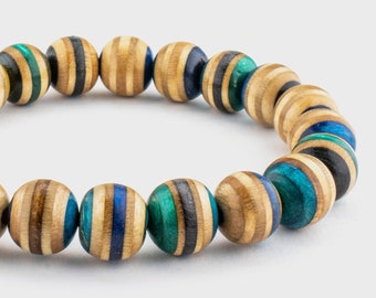 Blue Recycled Skateboard Wood Bead Bracelet: Boho Friendship Jewelry